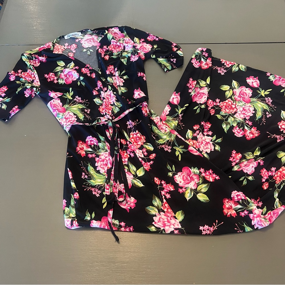 Black Floral Wrap Maxi Dress with Pink Rose Print